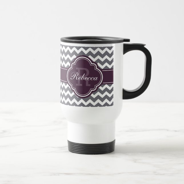 Purple Quatrefoil Monogram Gray Chevron Pattern Travel Mug (Right)