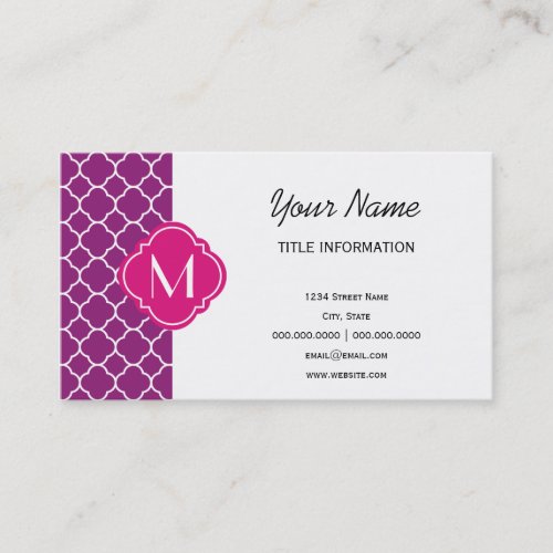 Purple Quatrefoil Pattern with Monogram Business Card Template