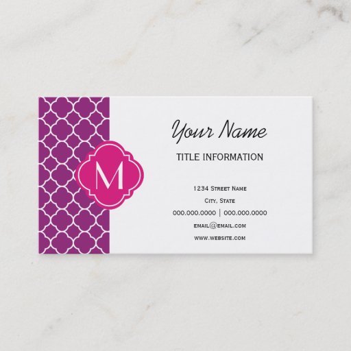 Customizable Purple Quatrefoil Pattern with Monogram Business Card Template