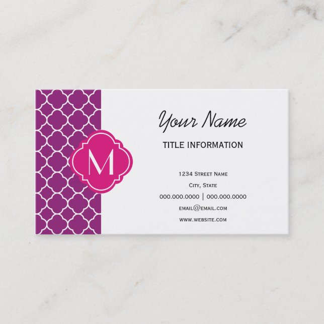 Purple Quatrefoil Pattern with Monogram Business Card (Front)