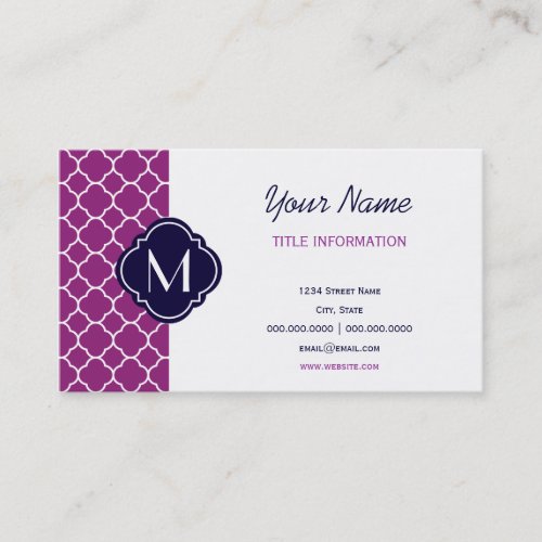 Purple Quatrefoil Pattern with Monogram Business Card Templates
