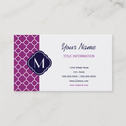 Customizable Purple Quatrefoil Pattern with Monogram Business Card Templates