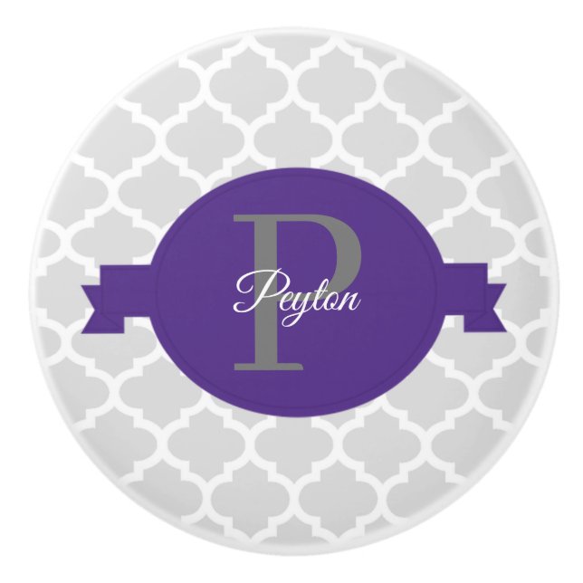 Purple Quatrefoil Personalized Ceramic Knob (Front)