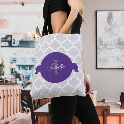 Purple Quatrefoil Personalized Tote Bag