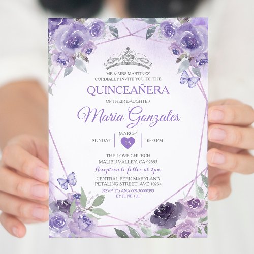 Purple Quinceaera 15 Anos Crown Mexican Butterfly Invitation