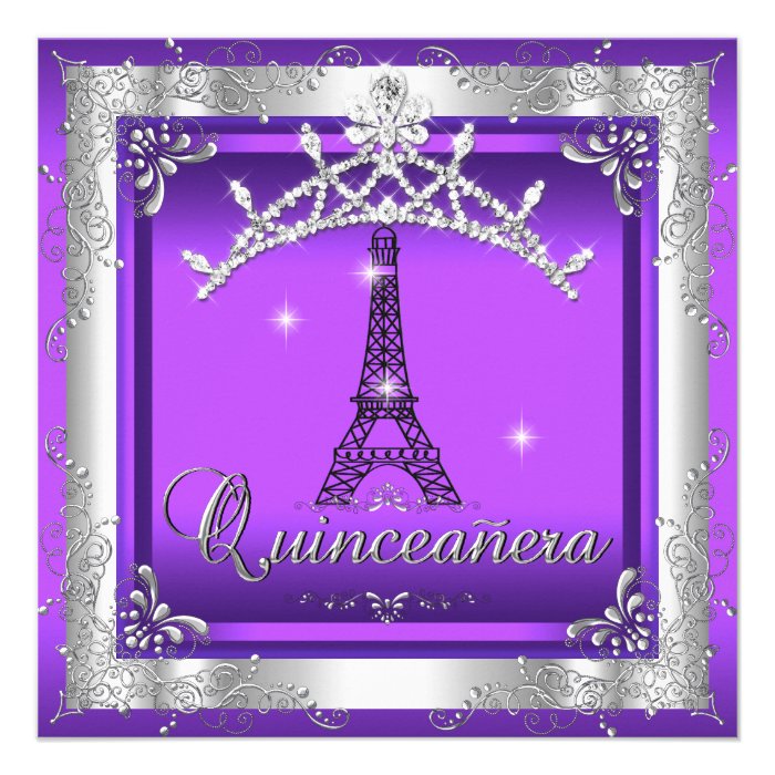 Purple Quinceanera 15 Silver Tiara Eiffel Tower Custom Invitation