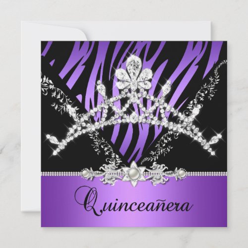 Purple Quinceanera 15th Zebra Tiara Diamond Invitation