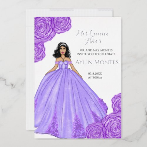 Purple Quinceanera Dress and Flowers Foil Invitation