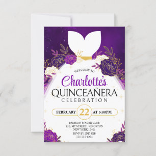 Purple Quinceañera Floral White Princess Dress Invitation