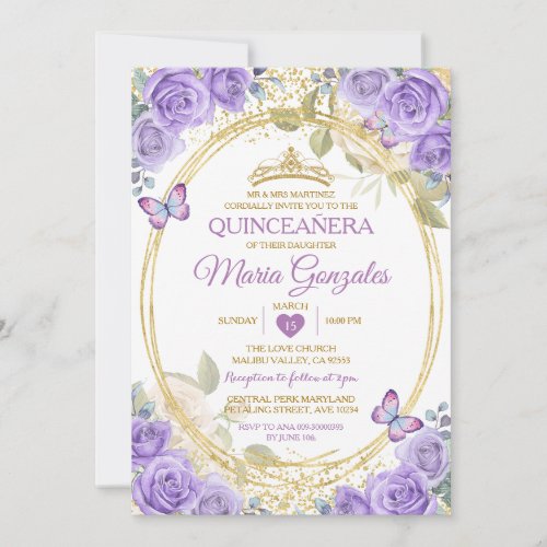 Purple Quinceaera Gold Crown Glitter Butterfly Invitation
