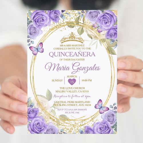 Purple Quinceaera Gold Crown Glitter Butterfly Invitation