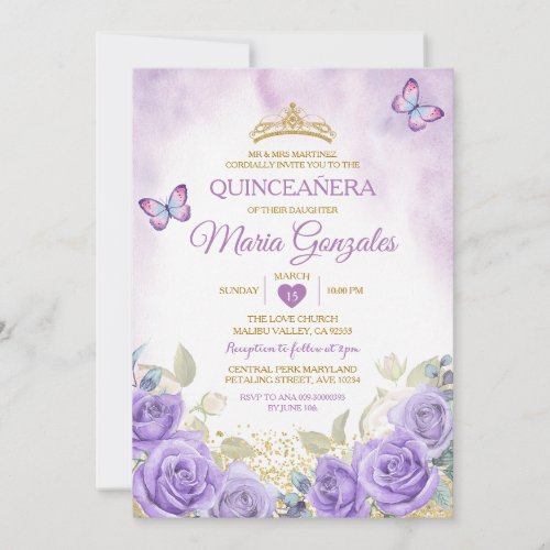 Purple Quinceaera Gold Crown Mexican Butterfly Invitation