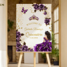 Purple Quinceañera Golden Roses Butterfly Welcome