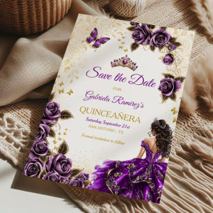 Purple Quinceañera Golden Tiara Roses Butterfly Save The Date