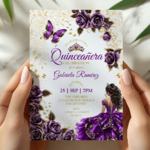 Purple Quinceañera Golden Tiara Roses Butterlies Invitation