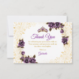 Purple Quinceañera Golden Tiara Roses   Thank You Card