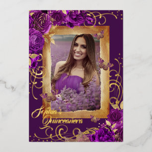 Purple Quinceanera Photo Rose Gold Butterfly Foil Invitation