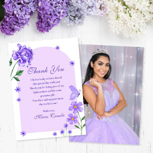 Purple Quinceañera Roses and Butterflies Photo Thank You Card
