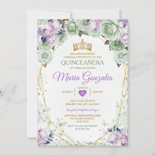 Purple Quinceaera Sage Green Mexican Butterfly Invitation