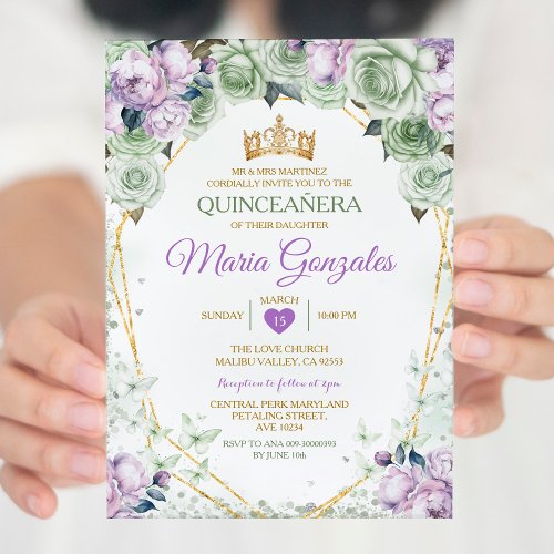 Purple Quinceaera Sage Green Mexican Butterfly Invitation