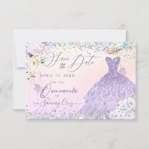 Purple Quinceanera Save Date Holographic Confetti Invitation