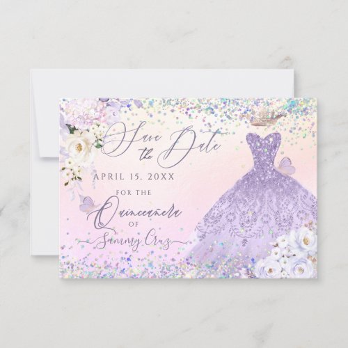 Purple Quinceanera Save Date Holographic Confetti Invitation