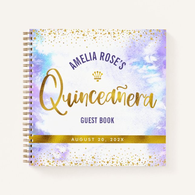 Purple Quinceañera Watercolor Gold Bold Guest Book (Front)