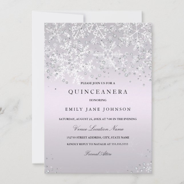 Purple Quinceanera Winter Wonderland Snowflakes Invitation (Front)
