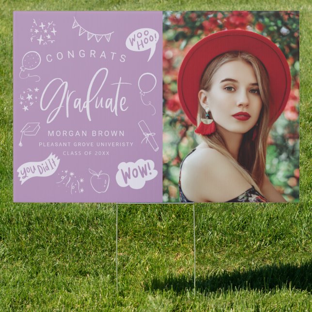 Purple Quirky Doodle Congrats Graduate Photo  Sign (Insitu)