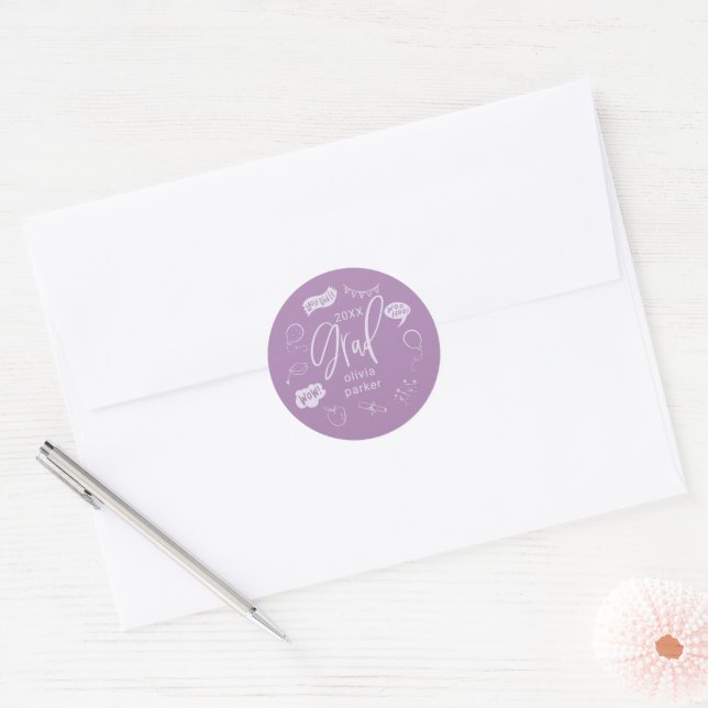 Purple Quirky Doodle Graduation Party Favor  Classic Round Sticker (Envelope)