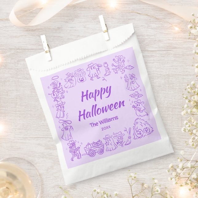 Purple Quirky Hand Drawn Doodles Halloween Favor Bag (Clipped)