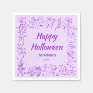 Purple Quirky Hand Drawn Doodles Happy Halloween Napkins