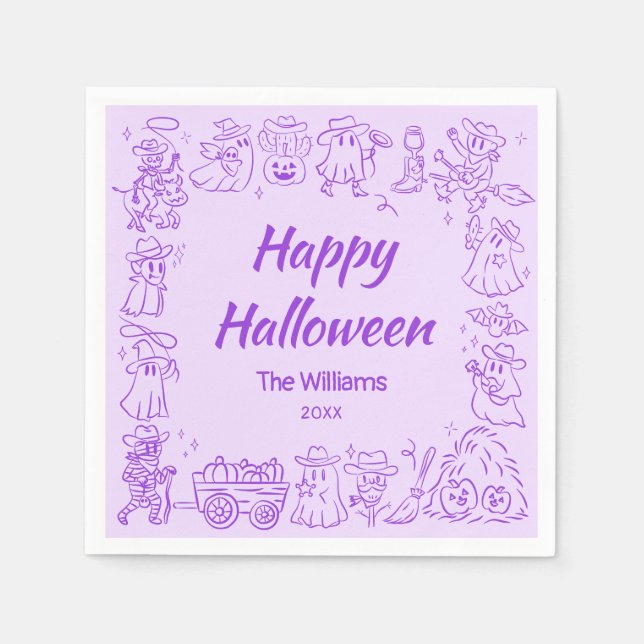 Purple Quirky Hand Drawn Doodles Happy Halloween Napkins (Front)