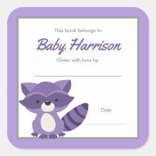 Purple Raccoon Baby Shower Bookplate, girl book Square Sticker
