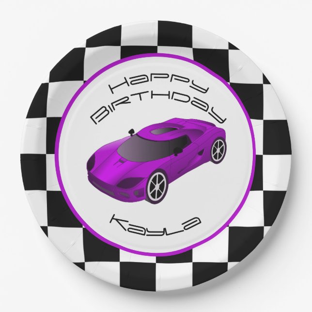 Purple Race Car | Custom Birthday Party Paper Plates (Front)