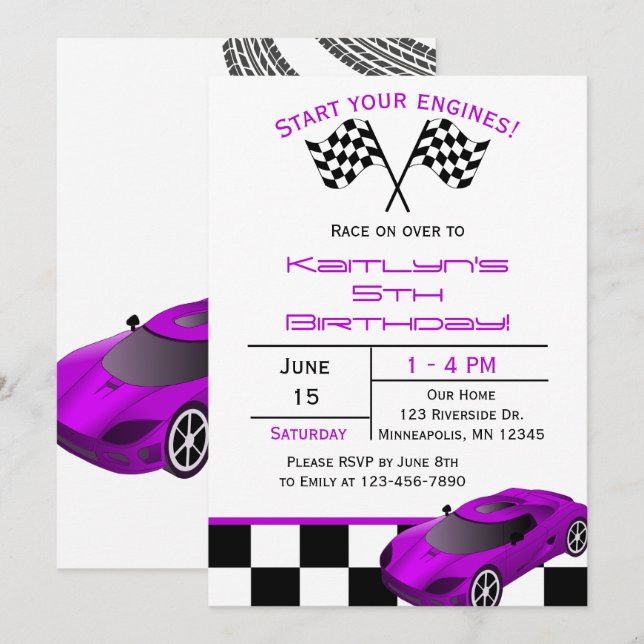 Purple Race Car | Custom Kids Birthday Invitation (Front/Back)