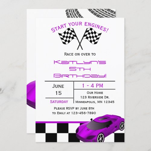 Purple Race Car  Custom Kids Birthday Invitation