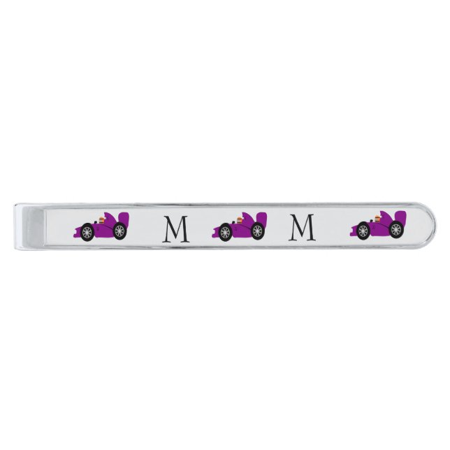 Purple Racing Car Design Monogrammed Silver Finish Tie Bar (Front)