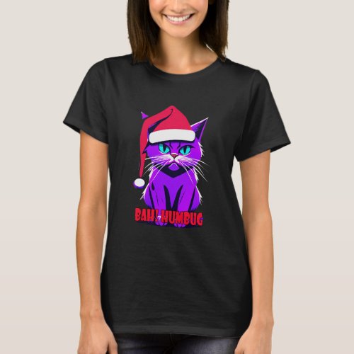 Purple Rage Kitten in Santa Hat Bah Humbug Tee