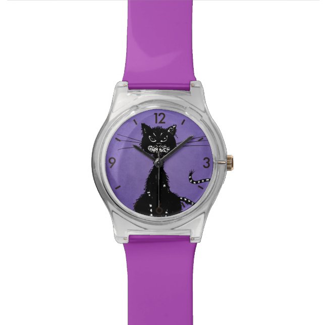 Purple Ragged Evil Black Cat Wrist Watch (Close Up)