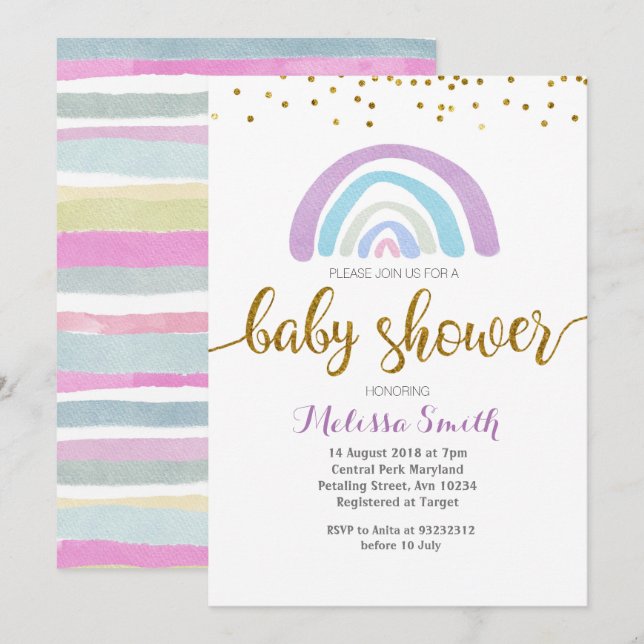 Purple Rainbow baby shower Invitation card (Front/Back)