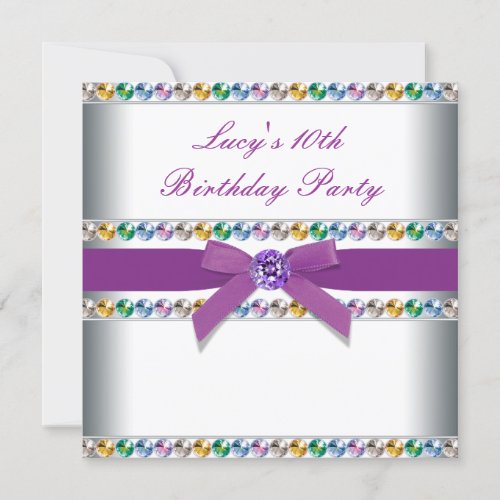 Purple Rainbow Jewels Girls 10th Birthday Party Announcement