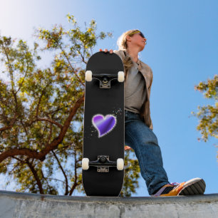 Purple Rainbow Heart with Stars on black Skateboard