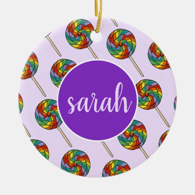 Purple Rainbow Lollipop Candy Sweet Lollies Ceramic Ornament (Front)