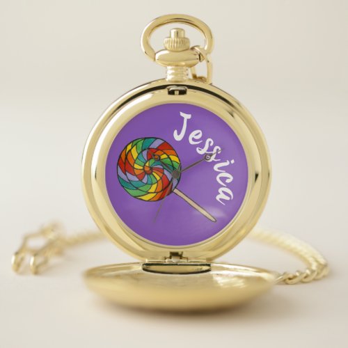 Purple Rainbow Lollipop Personalized Candy Lolly Pocket Watch