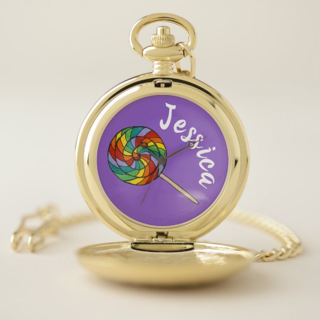 Purple Rainbow Lollipop Personalized Candy Lolly Pocket Watch (Inside)