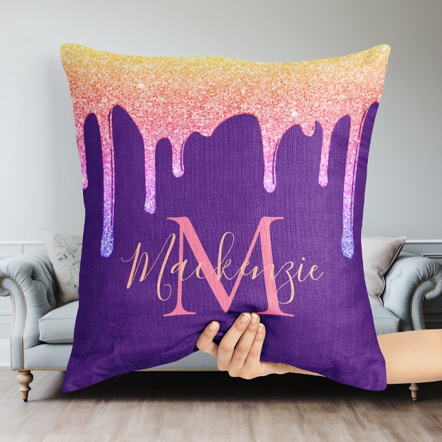 Purple Rainbow Sparkle Glitter Drips Monogram Throw Pillow (Purple Rainbow Sparkle Glitter Drips Monogram Throw Pillow)