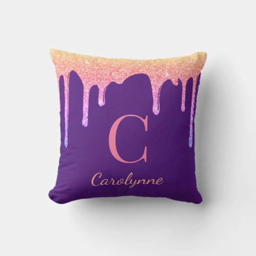 Purple Rainbow Sparkle Glitter Drips Monogram Throw Pillow