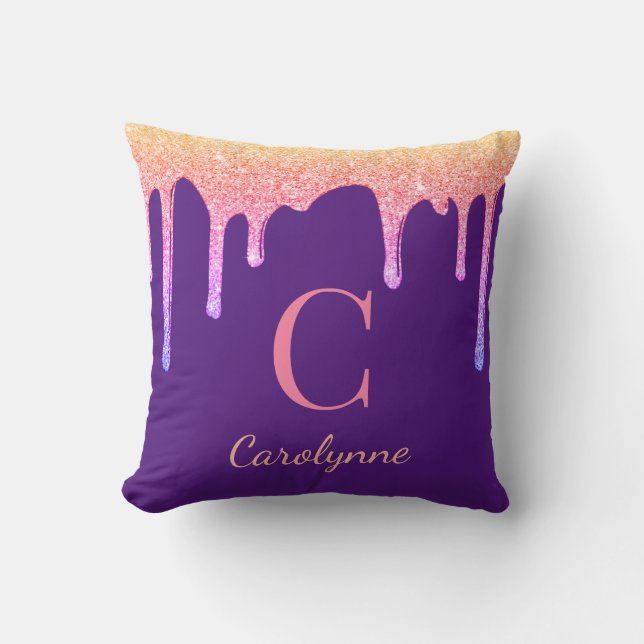 Purple Rainbow Sparkle Glitter Drips Monogram Throw Pillow (Front)