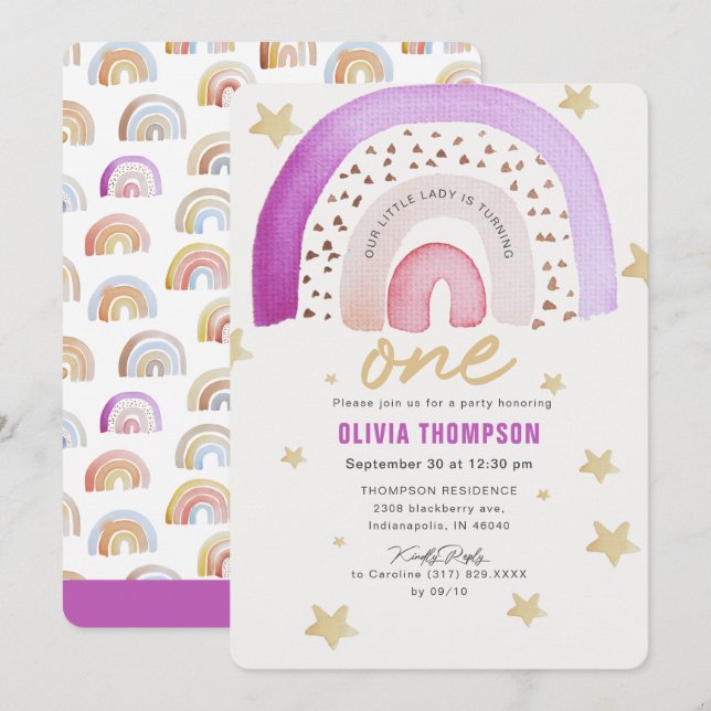 Purple Rainbow Stars First Birthday Party Invitation (Front/Back)